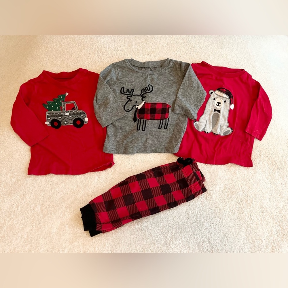 Three long sleeved Christmas shirts and matching pants